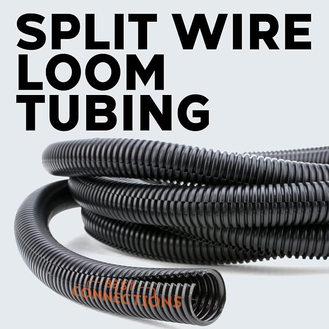 BEST CONNECTIONS Split Wire Loom Flex-Guard Convoluted Tubing with Installation Tool - Protective Cable Sleeves for Automotive Home Electrical Wires Chemical Resistant Conduit Black (1/2" Loom + Tool)