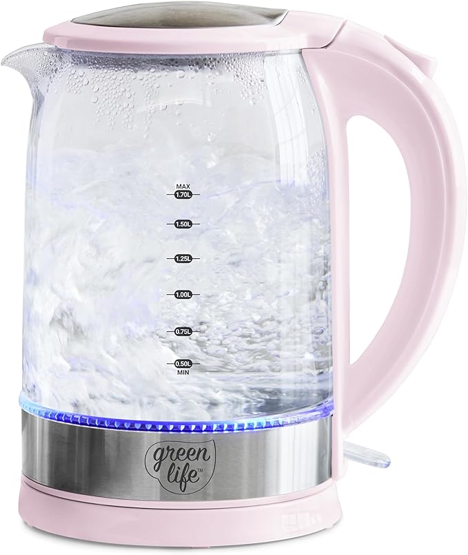 GreenLife 1.7 Liter Glass Electric Kettle, Easy One Touch Use, Quick Heating