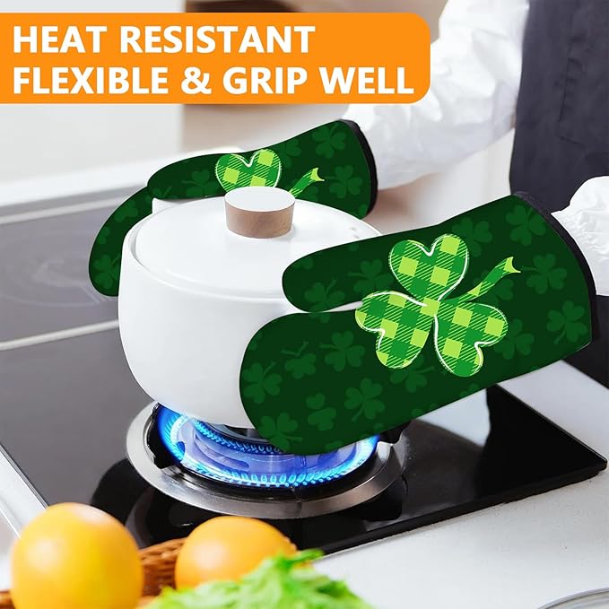 Green Clover Oven Mitts and Pot Holders Sets 4Pcs, Extra Long Oven Gloves