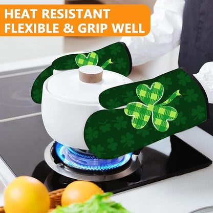 Green Clover Oven Mitts and Pot Holders Sets 4Pcs, Extra Long Oven Gloves