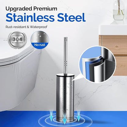 HAMITOR Toilet Brush and Holder Set: 304 Stainless Steel Heavy Duty Bowl Cleaner Brush - Deep Cleaning Under Rim Curved Bristle - Space Saving Wall-Mounted for Home RV Bathroom Accessories Silver