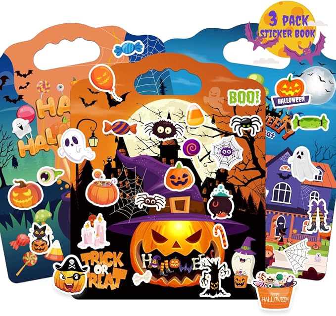 3Sets Halloween Reusable Sticker Books for Kids, Puffy Reusable Sticker Books for Toddlers 2-4 Years, Kids Halloween Party Favors