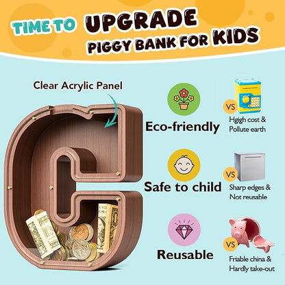 Summidate Wooden Letter Piggy Bank, Extra Thick Large Capacity Piggy Bank for Kids Boys Girls Toddler, Alphabet C Money Bank| Coin Box Birthday, Christmas, Festival