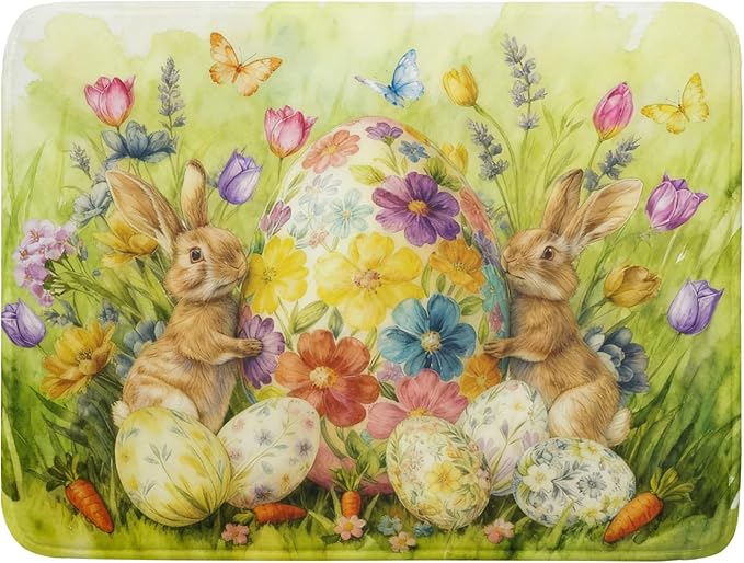 Easter Egg Dish Drying Mat 18x24 Inch Bunny Floral Green Drying Pad