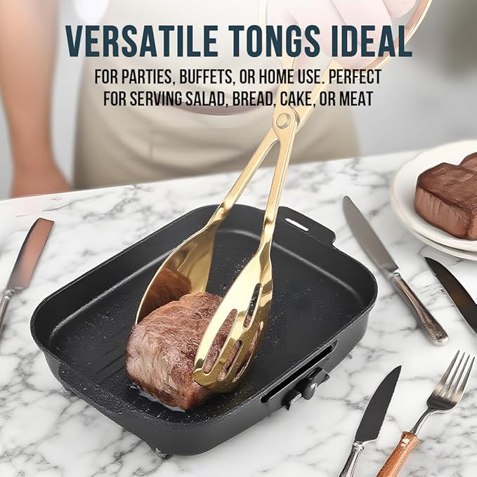 Salad Tongs for Serving 2 Pack - Premium Stainless Steel Scissor-Style, Non-Toxic, Heat-Resistant Salad Servers, Dishwasher Safe, Ideal for Buffet and Party Use (Gold)