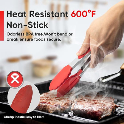 Small Silicone Tongs for Cooking,3 PCS 7-Inch Mini Serving Tong-600°F Heat Resistant Non Stick Stainless Steel Tong s with Silicone Tips Food Tong Cooking Tongs for Salad,Buffet Serving