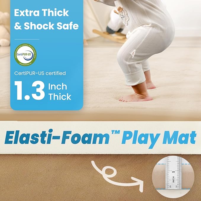 1.3" Thick Baby Play Mat for Floor Playpen, 71x79 Large Foam Tummy Time Mat, Padded Support Soft Plush Nursery Rug for Infant Kids Toddler Crawling Kick Activity (Beige)