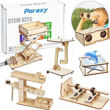 Poraxy 6 in 1 STEM Kits for Kids Age 8-10, Science Building Educational Experiment Projects 8-12, 3D Wooden Puzzles Crafts, Toys for Age 8-13, Gifts for Boys and Girls 6 7 8 9 10 11 12 13 Years Old