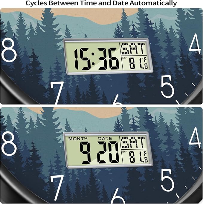 Silent Wall Clock with Day Week Temperature Wilderness with Sunset Non-ticking