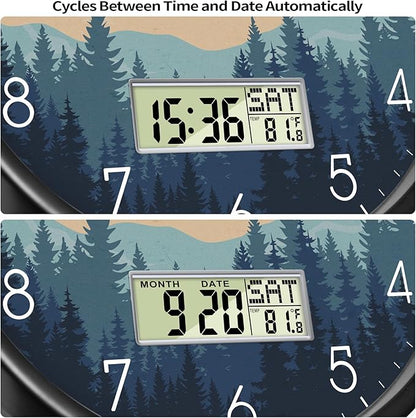 Silent Wall Clock with Day Week Temperature Wilderness with Sunset Non-ticking