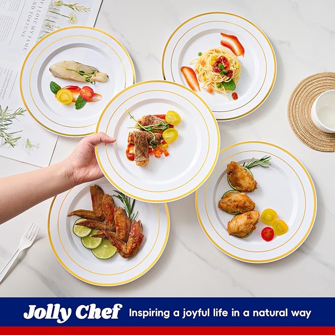 JOLLY CHEF 100 Pieces Gold Plastic Plates, 10 Inch Elegant Disposable Dinner White with Gold Rim, Disposable Plastic Plates for Dinner, Birthdays and Weddings