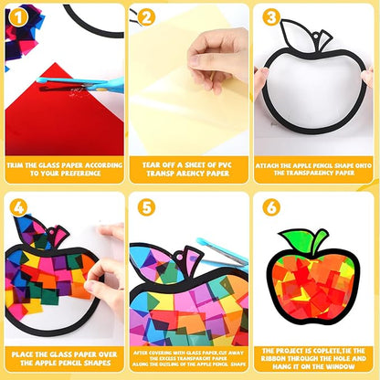 32 Sets Back to School Apple Pencil Suncatchers Craft Kit DIY Window Stained Glass Effect First Day of School Paper Craft Home Classroom Decoration Kid Birthday Gift Creative Art Project Activity Game