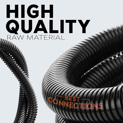BEST CONNECTIONS Split Wire Loom Flex-Guard Convoluted Tubing with Installation Tool - Protective Cable Sleeves for Automotive Home Electrical Wires Chemical Resistant Conduit Black (1/2" Loom + Tool)