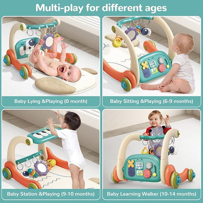 3 in 1 Baby Play Mat Gym, Kick and Play Piano Gym with Music Light, Activity Tummy Time Play mat with 5 Learning Sensory Toys, Infant Gifts for Newborn Baby Toddler 0-14 Months