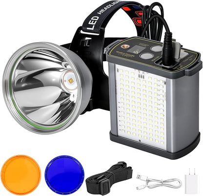 30W High Lumens LED Headlamp Rechargeable,15000mAh Ultra Bright Waterproof Headlight with Aluminum Alloy Housing and Side Light, Great for Camping, Hiking, Hunting, Fishing, Emergency Use