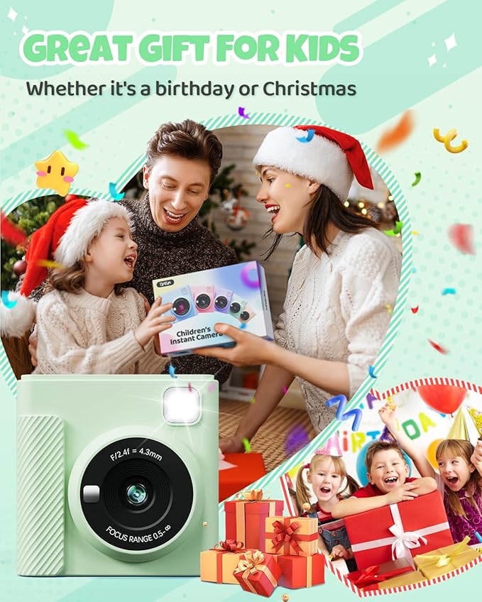 Kids Instant Print Camera, Christmas Birthday Gifts for Girls and Boys, 1080P HD Video Digital Kids Camera with Print Paper & 32G Card, Toddler Toy for 3-14 Years Old (Green)