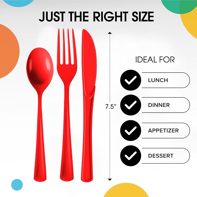 Party Solids Red Plastic Silverware Heavy Duty 150 Pieces Red Plastic Cutlery Sets, Utensil Sets, 50 Of Each Forks, Knives & Spoons Disposable Cutlery Set, Flatware Set For Party Supplies