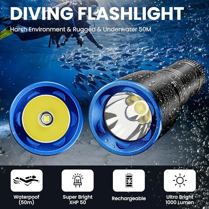 1000 Lumens Dive Light, Waterproof IPX8 100M, Rechargeable LED Flashlight with 11° Beam Angle, Underwater Scuba & Snorkeling Torch for Diving, Caving, and Emergency Use