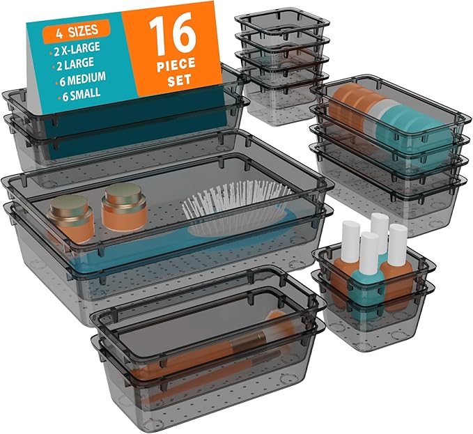 WOWBOX 16 PCS Clear Plastic Drawer Organizer Set, 4 Sizes Desk Drawer