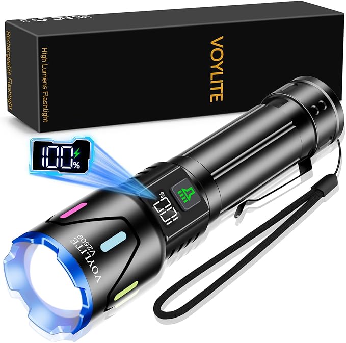 Flashlight High Lumens - 10000 Lumen, Rechargeable 5000mAh with LCD Power Display, IPX7 Waterproof, 3 Modes & Zoomable (1500m), Belt Clip for Camping, Hiking, Emergency