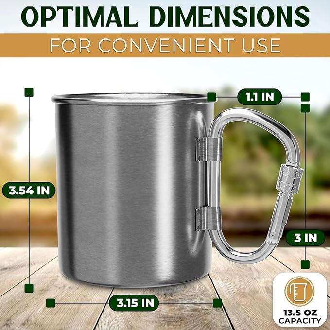 13.5 Oz Stainless Steel Camping Mug with Carabiner - Metal Camping Cup for Traveling, Lightweight and Heat-Resistant, Durable and Easy to Clean Hiking Cup, Comfortable to Hold and Drink