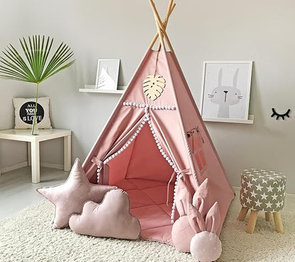 Kids Teepee Tent with White Pom Pom - Indoor Play Teepee for Children Boys Portable Play House (Pink)
