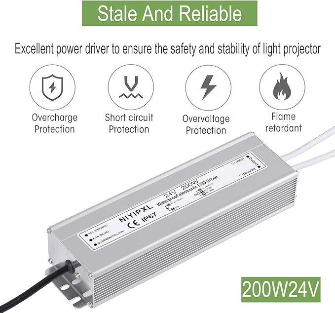 LED Driver 200 Watts 24V DC Low Voltage Transformer， Waterproof IP67 LED Power
