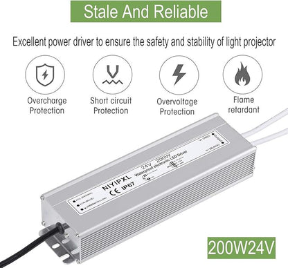 LED Driver 200 Watts 24V DC Low Voltage Transformer， Waterproof IP67 LED Power