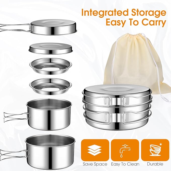 15 Pcs Camp Cooking Set Stainless Steel Camping Cookware Mess Kit with Pot Pan and Stove 2 Set Stainless Steel Cups Plates Forks Knives Spoons for Camping Backpacking Outdoor Cooking Picnic