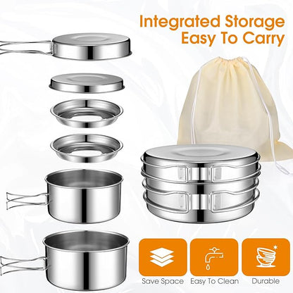 15 Pcs Camp Cooking Set Stainless Steel Camping Cookware Mess Kit with Pot Pan and Stove 2 Set Stainless Steel Cups Plates Forks Knives Spoons for Camping Backpacking Outdoor Cooking Picnic