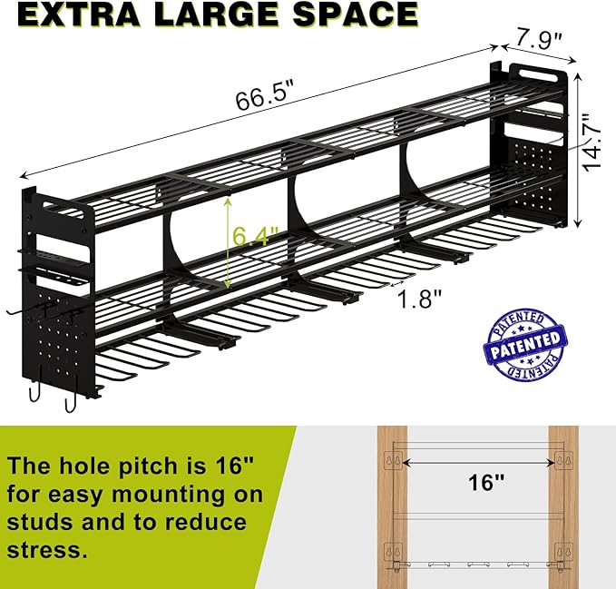 64" Power Tool Organizer Wall Mount, 16 Slots, 3-Tier Drill & Cordless Tool