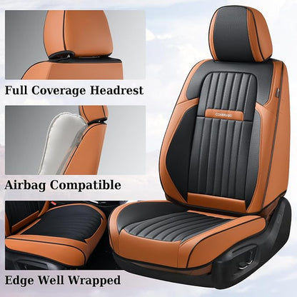 Coverado Car Seat Covers Full Set, Car Seat Protector Car Seat Cushion, Nappa Leather Seat Covers for Cars, Front and Back Seat Protectors Cushions Universal Fit for Most Cars Vehicles(Brown&Black)