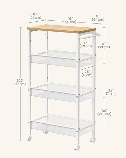 VASAGLE Slim Rolling Cart, 4-Tier Storage Cart, Narrow Cart with Handle, 8.7 Inches Deep, Metal Frame, for Kitchen, Dining Room, Living Room, Home Office, Oak Beige and Classic White ULRC033W09