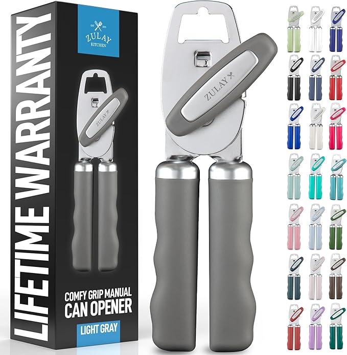Zulay Kitchen Heavy Duty Stainless Steel Can Opener Manual with Bottle Opener - Rust Proof Manual Can Opener With Turn Knob & Comfy Soft Grip Handles - Light Gray