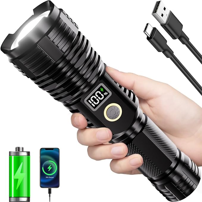 Flashlights High Lumens Rechargeable, LED Super Bright Flash Light Long Beam, Zoomable Linternas with LCD Digital Display, 5 Mode, Waterproof, Powerful Tactical Flashlight for Emergencies Camping Gift