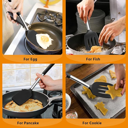 E-far Silicone Spatula Set of 2, Solid & Slotted Turner