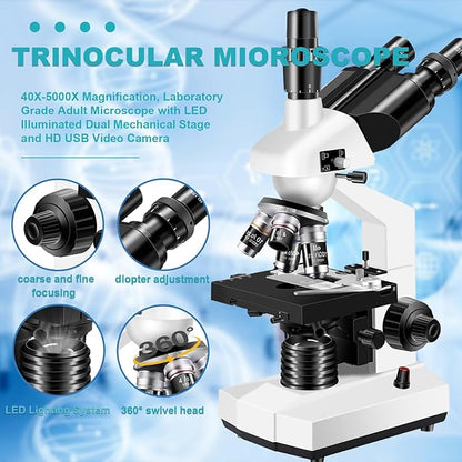 Trinocular Microscope 40X-5000X Magnification Laboratory Grade with Dual Mechanical Stage and HD USB Camera Microscope for Adults