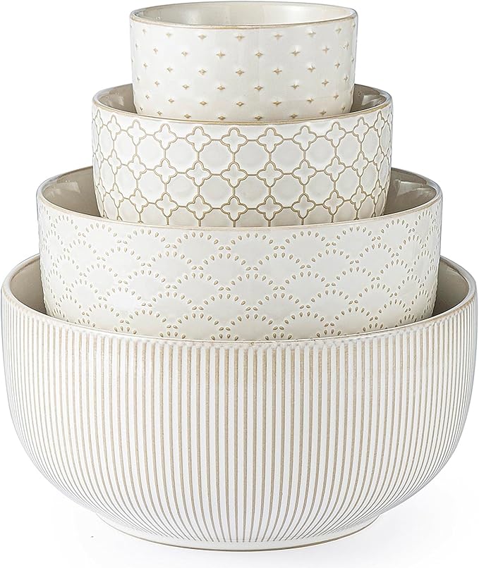 Mikiegy Ceramic Mixing Bowls Set of 4, Nesting Ceramic Embossment Stoneware