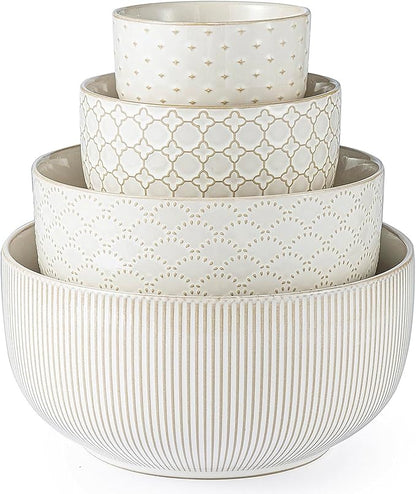 Mikiegy Ceramic Mixing Bowls Set of 4, Nesting Ceramic Embossment Stoneware