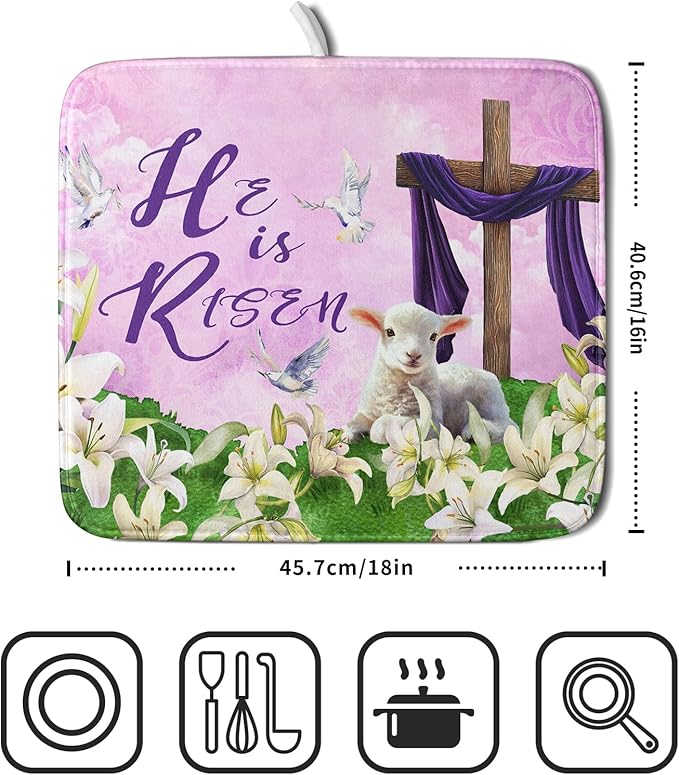 Giwawa Easter Purple Dish Drying Mat, He is Risen Cross Lamb Floral Dish
