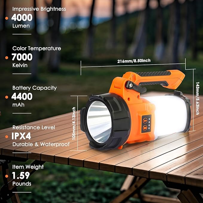 Tripod Rechargeable Camping Lantern, 6 Modes LED Flashlight Handheld Spotlight with 4000LM, 4400mAh Power Bank, IPX4 Waterproof Searchlight Work Light for Emergency Hiking Survival Kit - Orange