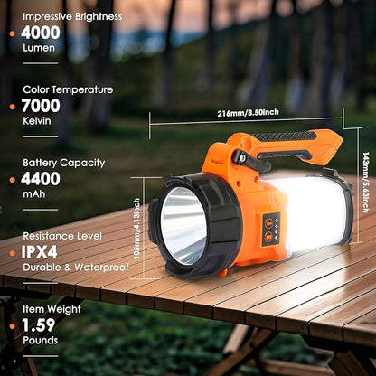 Tripod Rechargeable Camping Lantern, 6 Modes LED Flashlight Handheld Spotlight with 4000LM, 4400mAh Power Bank, IPX4 Waterproof Searchlight Work Light for Emergency Hiking Survival Kit - Orange