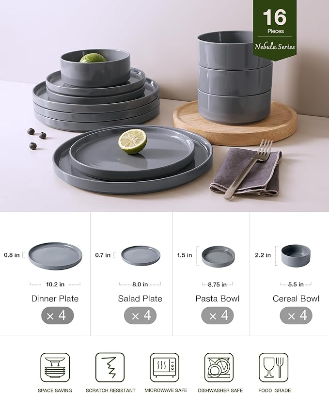 Famiware Nebula Dinnerware Set with Pasta Bowls, Service for 4 (16pcs), Fine Stoneware Plates and Bowls Sets, Microwave and Dishwasher Safe Dishes Set, Dark Gray