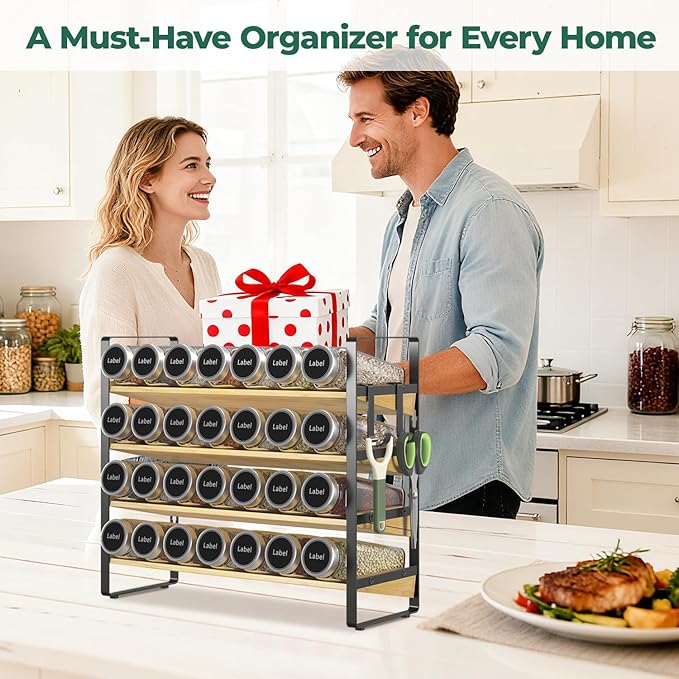 EsLuker.ly Spice Seasoning Rack Organizer Kitchen Countertop, 4 Tier Bamboo