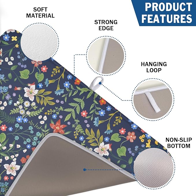 Flower Floral Dish Drying Mat 18x24 inch Microfiber Navy Blue Drying Mats