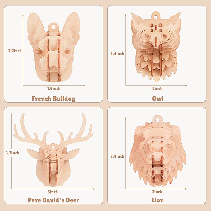 3D Wooden Puzzles for Kids, 8 Pcs Animal Assembly Model Wood Arts and Craft Puzzles Set, No-Glue DIY Delicate Pendant STEM Toys for Boys Girls Ages 6+, Educational Birthday Gift, Party Favors