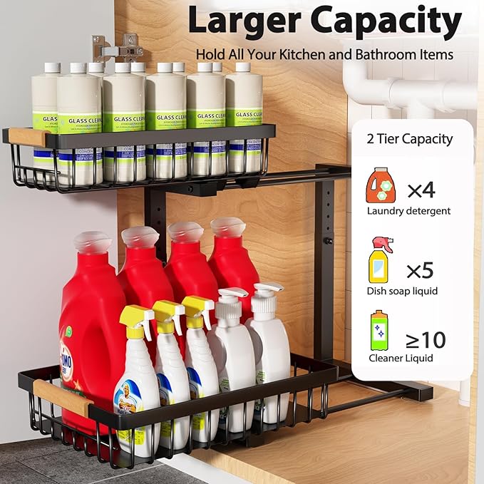 Liuoud Under Sink Organizer 2 Pack, 2 Tier Slide Out Large Capacity Height