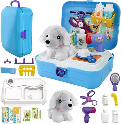 TEUVO Pet Care Playset, 16Pcs Kids Doctor Kit with Plush Dog & Backpack for Dog Grooming & Feeding, Pet Doctor Pretend Play Toys for 3 4 5 6 7 Years Old Girls Boys Birthday