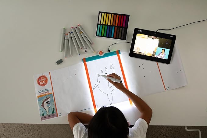 Guide Dots Kid’s Discover Art Kit with Light Up Bright Board – Children’s Drawing Kit – Video Instructions – Art Supplies, Markers, Chalk Pastels – Gift for Boys & Girls – Ages 4-7