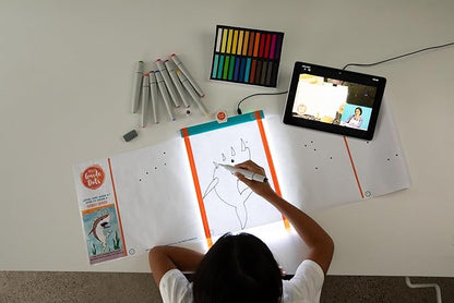 Guide Dots Kid’s Discover Art Kit with Light Up Bright Board – Children’s Drawing Kit – Video Instructions – Art Supplies, Markers, Chalk Pastels – Gift for Boys & Girls – Ages 4-7